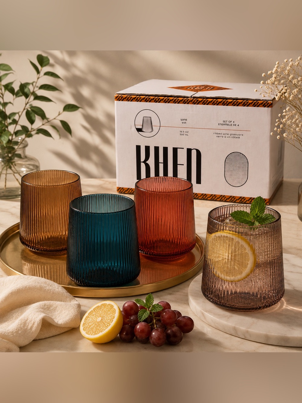 KHEN Tonal Collection Ribbed Stemless Wine Glasses Set of 4 16.9oz Multicolor
